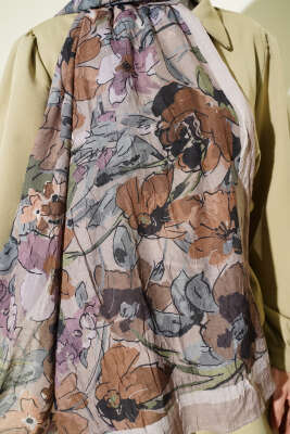 Çiçekli Soft Bambu Kraş Şal Bej - Başörtüsü