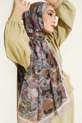 Çiçekli Soft Bambu Kraş Şal Bej 