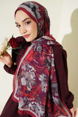 Çiçekli Soft Bambu Kraş Şal Bordo - Başörtüsü