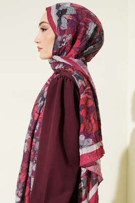 Çiçekli Soft Bambu Kraş Şal Bordo - Başörtüsü