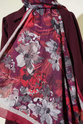 Çiçekli Soft Bambu Kraş Şal Bordo - Başörtüsü