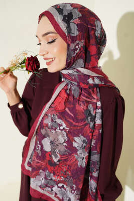 Çiçekli Soft Bambu Kraş Şal Bordo 