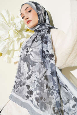 Çiçekli Soft Bambu Kraş Şal Gri - VERTU (NYD TEKSTİL)