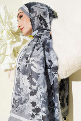 Çiçekli Soft Bambu Kraş Şal Gri - Günün Seçilenleri