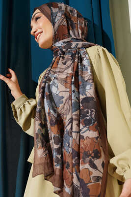 Çiçekli Soft Bambu Kraş Şal Haki - Başörtüsü