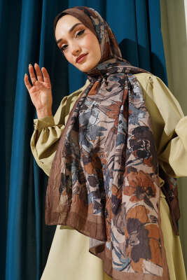 Çiçekli Soft Bambu Kraş Şal Haki - VERTU (NYD TEKSTİL)