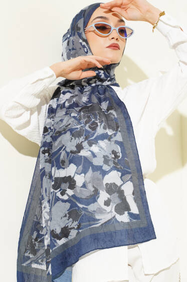 Çiçekli Soft Bambu Kraş Şal Lacivert - Günün Seçilenleri