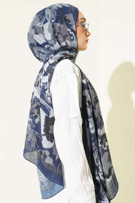Çiçekli Soft Bambu Kraş Şal Lacivert - Günün Seçilenleri