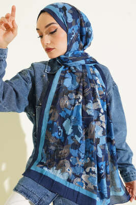Çiçekli Soft Bambu Kraş Şal Saks 