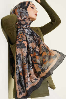 Çiçekli Soft Bambu Kraş Şal Siyah 