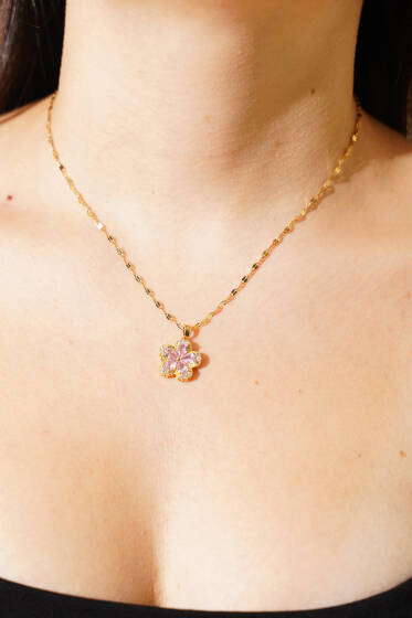 Çiçekli Taş Süslemeli Kolye Gold - Kolye