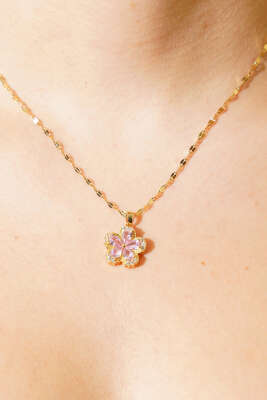 Çiçekli Taş Süslemeli Kolye Gold - Kolye