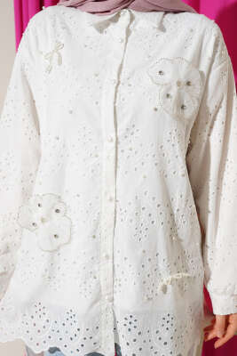 Çiçekli Taşlı Brodeli Tunik Beyaz - Tunik