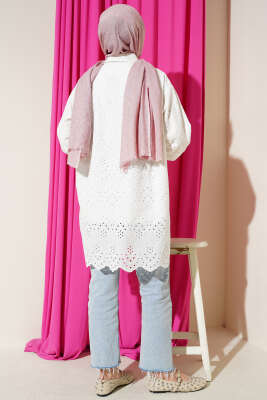 Çiçekli Taşlı Brodeli Tunik Beyaz - Tunik