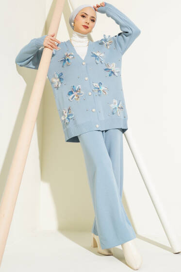 Çiçekli Taşlı Hırkalı Triko İkili Takım Bebe Mavi - İkili Takım