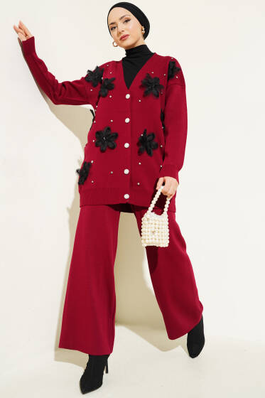 Çiçekli Taşlı Hırkalı Triko İkili Takım Bordo - İkili Takım