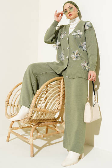 Çiçekli Taşlı Hırkalı Triko İkili Takım Çağla Yeşili - İkili Takım