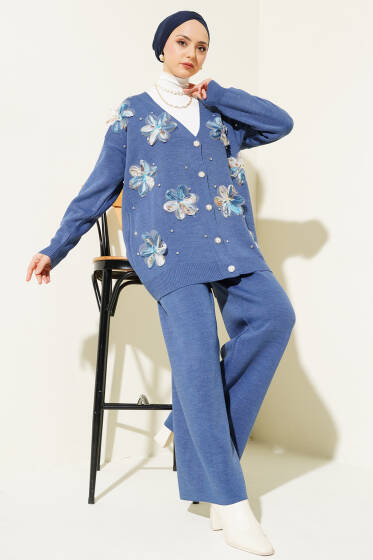 Çiçekli Taşlı Hırkalı Triko İkili Takım İndigo - İkili Takım