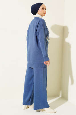 Çiçekli Taşlı Hırkalı Triko İkili Takım İndigo - Triko İkili Takım