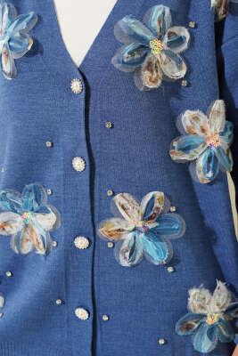 Çiçekli Taşlı Hırkalı Triko İkili Takım İndigo - Triko İkili Takım