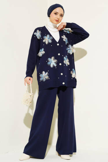 Çiçekli Taşlı Hırkalı Triko İkili Takım Lacivert - İkili Takım