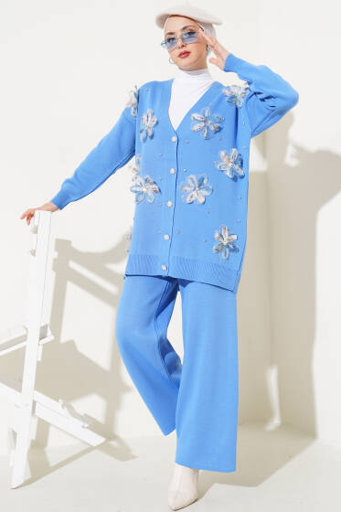 Çiçekli Taşlı Hırkalı Triko İkili Takım Mavi - İkili Takım