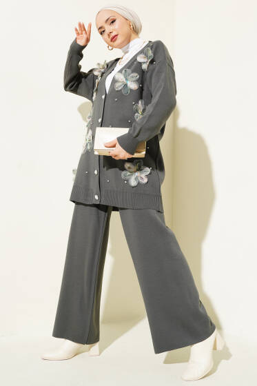 Çiçekli Taşlı Hırkalı Triko İkili Takım Nefti - İkili Takım