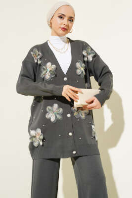 Çiçekli Taşlı Hırkalı Triko İkili Takım Nefti - Triko İkili Takım