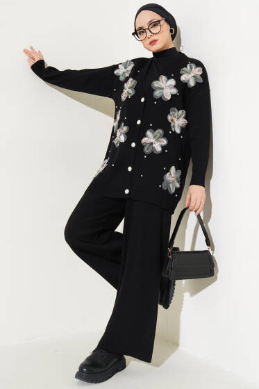 Çiçekli Taşlı Hırkalı Triko İkili Takım Siyah - İkili Takım
