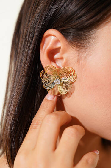 Çiçekli Taşlı Küpe Gold - Küpe