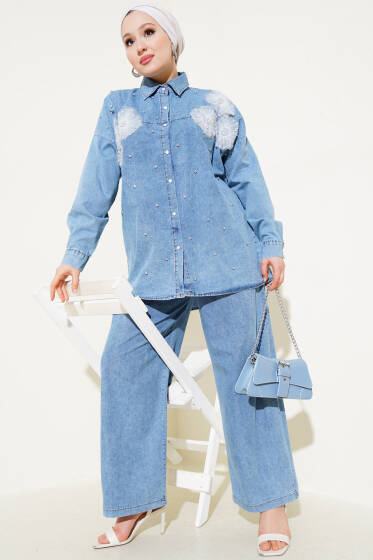 Çiçekli Taşlı Salaş Kot İkili Takım Mavi - İkili Takım