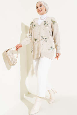 Çiçekli Taşlı Triko Hırka Bej - Triko Hırka