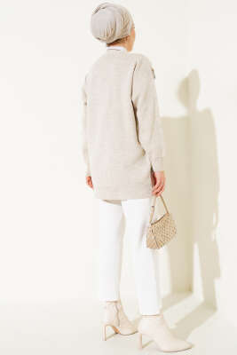 Çiçekli Taşlı Triko Hırka Bej - Triko Hırka