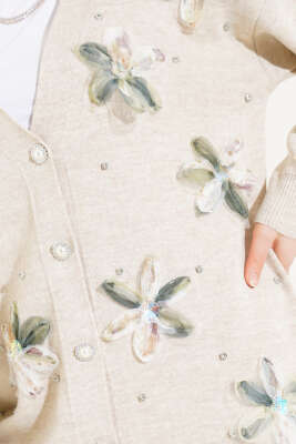 Çiçekli Taşlı Triko Hırka Bej - Triko Hırka