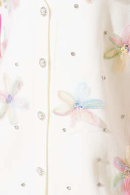 Çiçekli Taşlı Triko Hırka Ekru - Triko Hırka