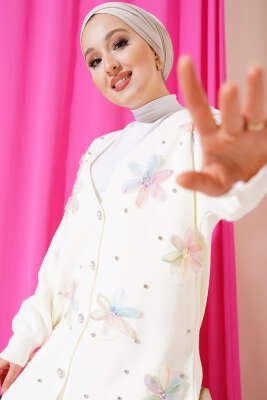 Çiçekli Taşlı Triko Hırka Ekru - Triko Hırka