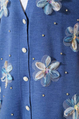 	 Çiçekli Taşlı Triko Hırka İndigo - Triko Hırka