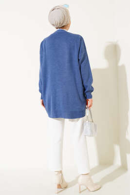 	 Çiçekli Taşlı Triko Hırka İndigo - Triko Hırka