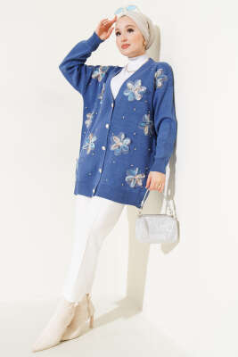 	 Çiçekli Taşlı Triko Hırka İndigo - Triko Hırka
