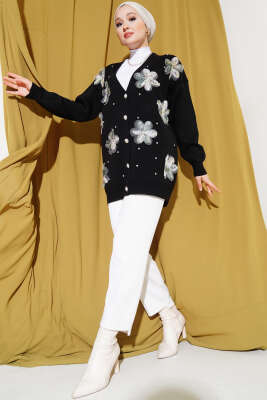 Çiçekli Taşlı Triko Hırka Siyah - Triko Hırka