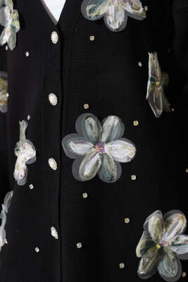 Çiçekli Taşlı Triko Hırka Siyah - Triko Hırka