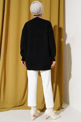 Çiçekli Taşlı Triko Hırka Siyah - Triko Hırka