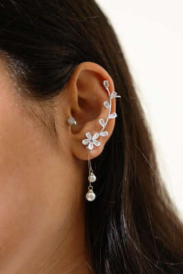 Çiçekli Tragus Kıkırdak Küpe Gümüş - Küpe