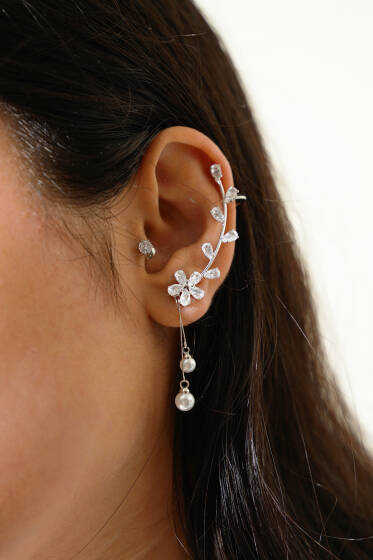 Çiçekli Tragus Kıkırdak Küpe Gümüş - Küpe