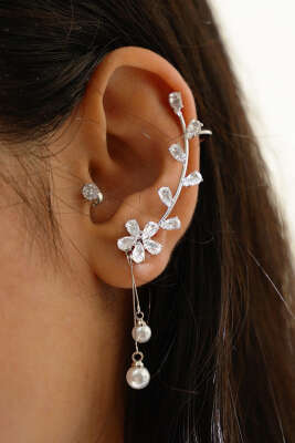 Çiçekli Tragus Kıkırdak Küpe Gümüş - Küpe