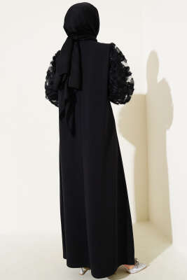 Çiçekli Tül Kollu Elbise Siyah - Tesettür Elbise