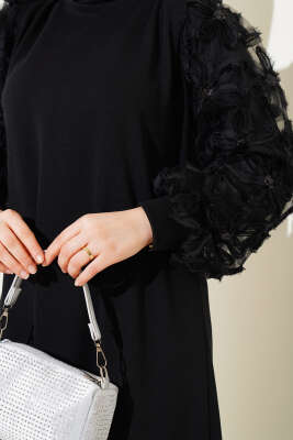 Çiçekli Tül Kollu Elbise Siyah - Tesettür Elbise