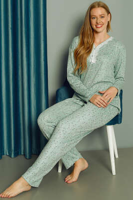 Çiçekli Yakası Dantelli Kadın Pijama Takımı Mint - Thumbnail