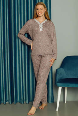 Çiçekli Yakası Dantelli Kadın Pijama Takımı Mürdüm - Thumbnail