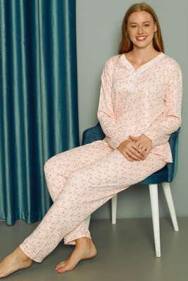 Çiçekli Yakası Dantelli Kadın Pijama Takımı Pembe - Thumbnail